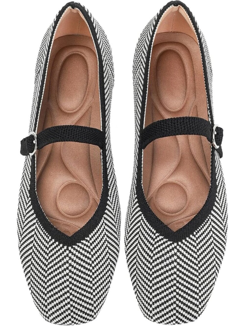 Women's Black Striped Knit Flats Square Toe Casual Ballet Flat Ankle Strap Shoes